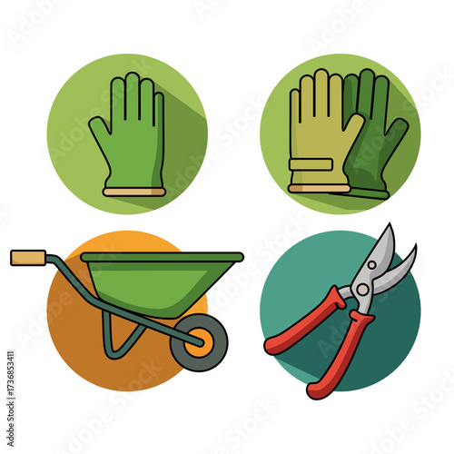 A vibrant collection of flat design gardening icons, including seeds, fertilizer, a watering can, and a hoe for hobby farming