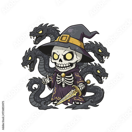 Chibi skeleton sorcerer in a witch hat holding a golden sword, surrounded by hydra dragon heads, dark fantasy Halloween cartoon illustration.