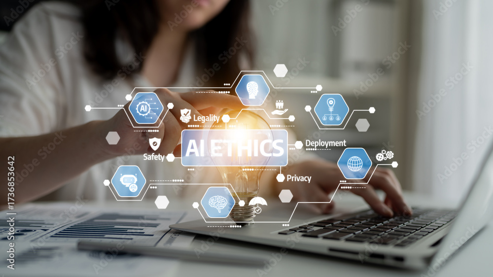 Φωτογραφία This image illustrates the concept of AI ethics, highlighting the importance of safety, legality, and privacy in technology deployment, promoting responsible use and awareness