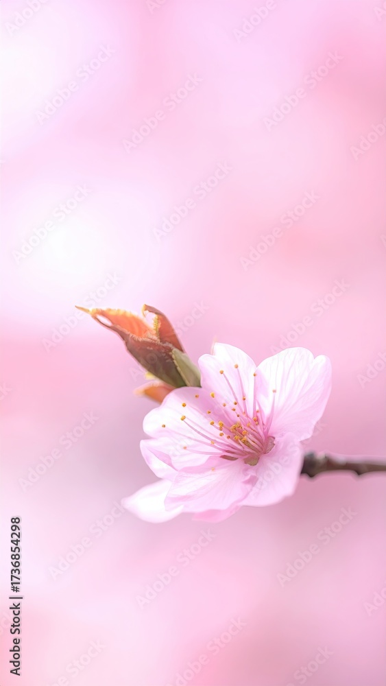 Obraz premium Soft Pink Cherry Blossom Blooming Delicately Against a Blurred Pale Pink Background Capturing Spring's Gentle Beauty with Elegant Detail and Soft Natural Lighting