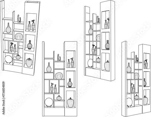 vector sketch illustration of furniture design wardrobe bookcase with modern minimalist interior decoration 