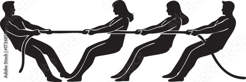 Four people in a tug of war competition silhouette isolated on white background