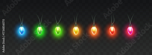 Lights bulbs set isolated on transparent background. Fairy colorful Christmas garland elements, magic amulets or glowing glass pendants. Vector party led lamps decorations