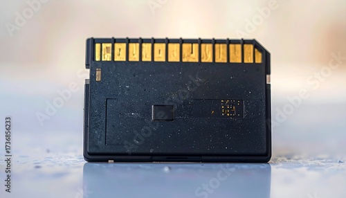 Close-up of a used memory card, showcasing its dark casing and noticeable dust particles.