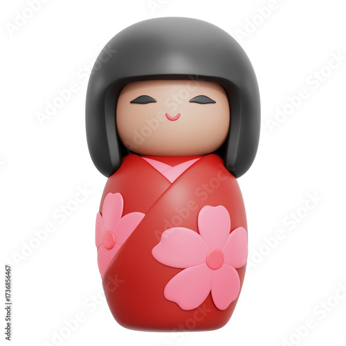 Kokeshi Doll with Black Hair Red Kimono and Pink Cherry Blossoms on Transparent Background