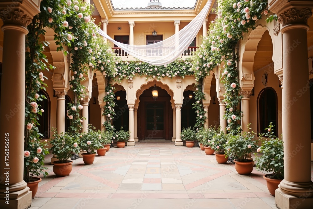 Fototapeta premium Elegant Courtyard Decoration with Roses, Drapes, and Soft Lighting