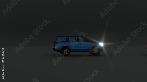 Blue SUV on a dark desert-like plain with a bright headlight cutting through gloom under a dim sky!!
