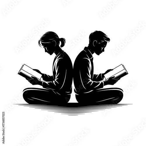 Silhouettes of people or children reading books, Isolated diverse kids with backpacks walking to school, women and children, education concept, learning, knowledge, library scene, study time