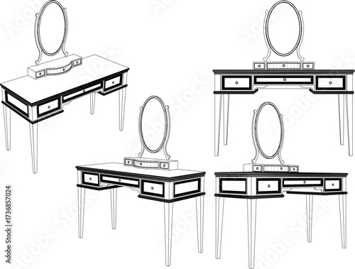 vector sketch illustration of old classic vintage ethnic dressing table furniture design with decorative mirror for dressing up  