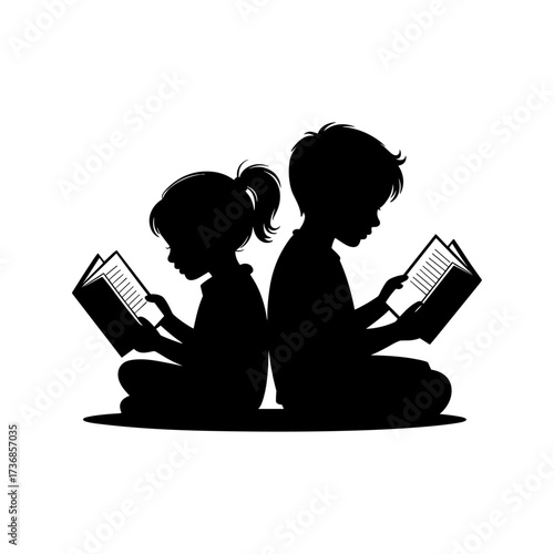 Silhouettes of people or children reading books, Isolated diverse kids with backpacks walking to school, women and children, education concept, learning, knowledge, library scene, study time