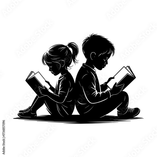Silhouettes of people or children reading books, Isolated diverse kids with backpacks walking to school, women and children, education concept, learning, knowledge, library scene, study time