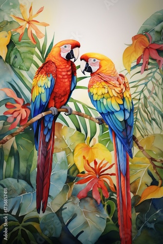 Watercolor Jungle with Exotic Birds