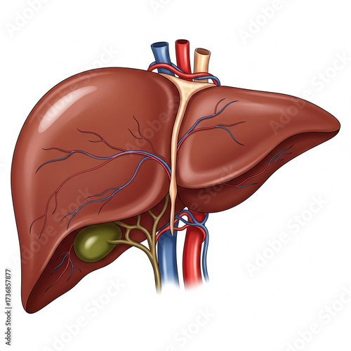 Illustration of a human liver with gallbladder and blood vessels.