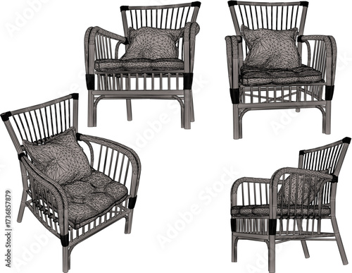 vector sketch illustration of rattan wood lounge chair design with modern abstract ethnic traditional design 