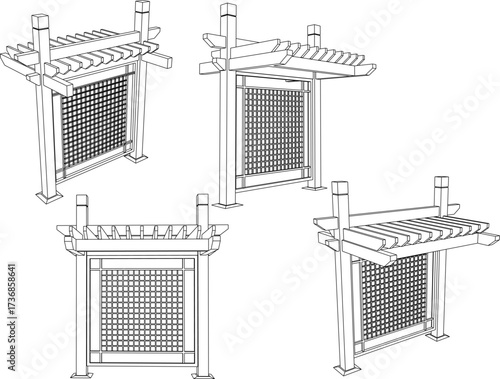 vector sketch illustration of wooden pergola design silhouette with vines for shade decoration in the garden 