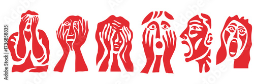 Halloween screaming faces illustration in paper cut out style with terrified people expressions
