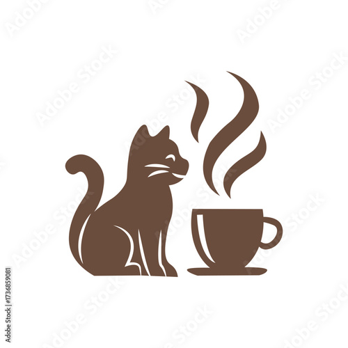 Cat and coffe icon. Cat silhouette beside a steaming cup, coffee shop, cozy, barista theme.