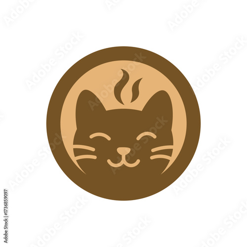 Coffe cat emblem. Circular cat logo with steam motif, cafe, cozy, pet-friendly brand.