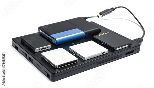 Various external data storage devices arranged on a black laptop-like platform against a white background.