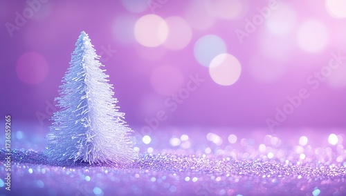 Close-up of a white Christmas tree with lights on a purple background with colorful bokeh, blue and pink colors, blurred festive light effect, banner design.