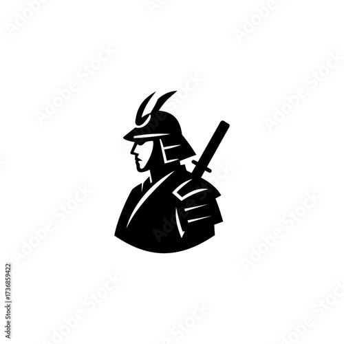Silhouette vector illustration of a samurai warrior in traditional armor with helmet and sword