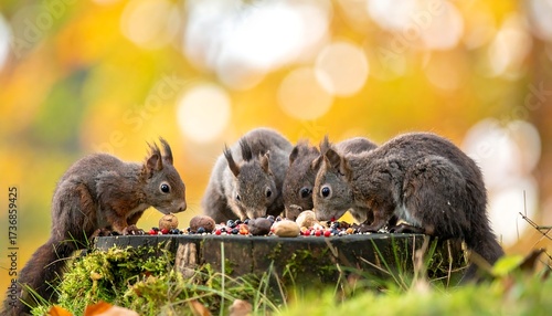 Fototapeta Naklejka Na Ścianę i Meble -  Family of Squirrels Gather to Feast on Nuts and Seeds in Autumn Color