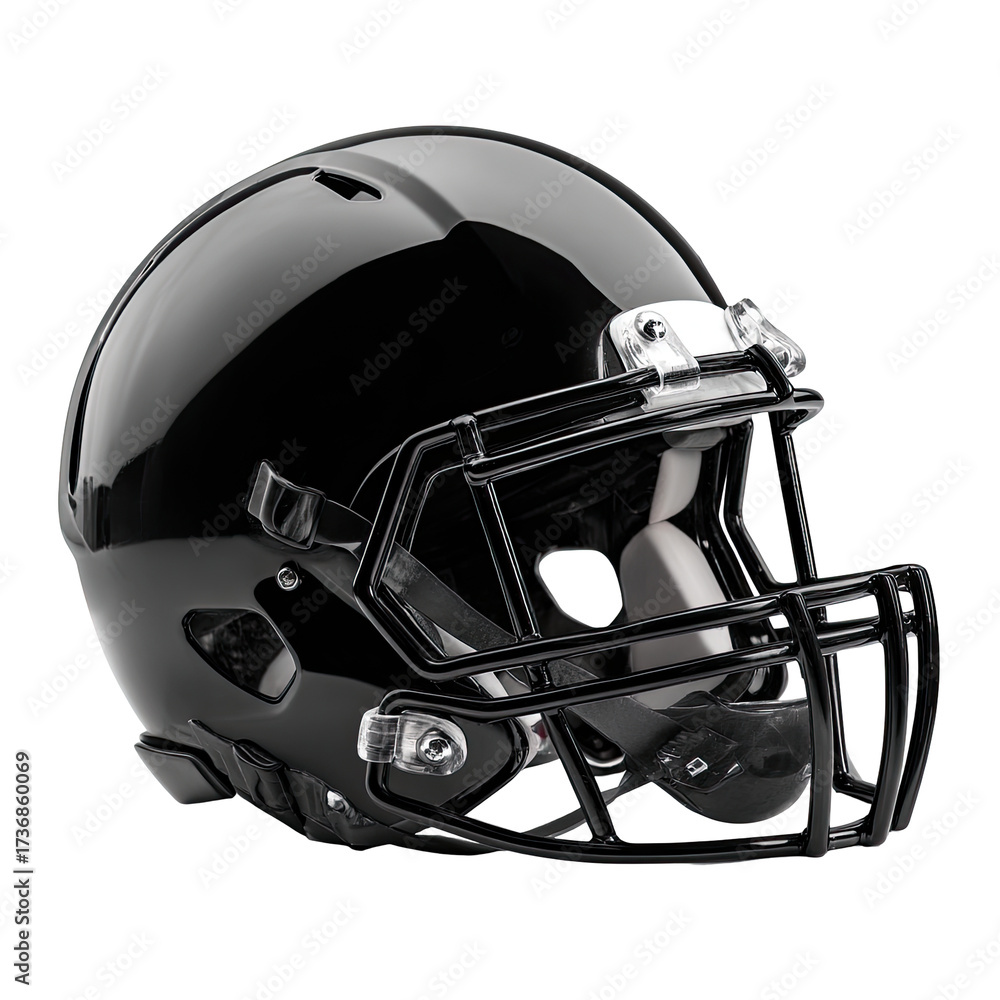 Fototapeta premium Sleek, glossy black football helmet with a metallic facemask, angled slightly to the left, showcasing its protective design