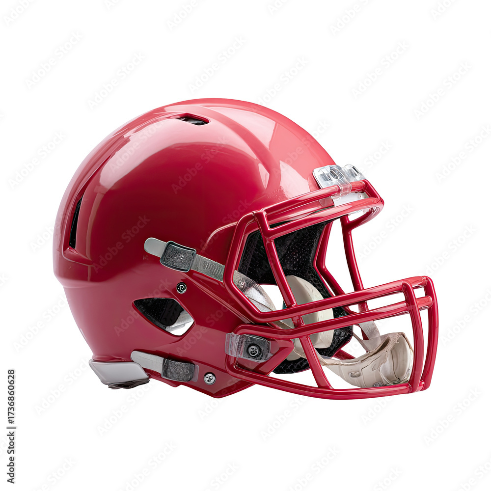 Fototapeta premium Glossy crimson football helmet with a metallic red facemask, angled left, isolated on a black background