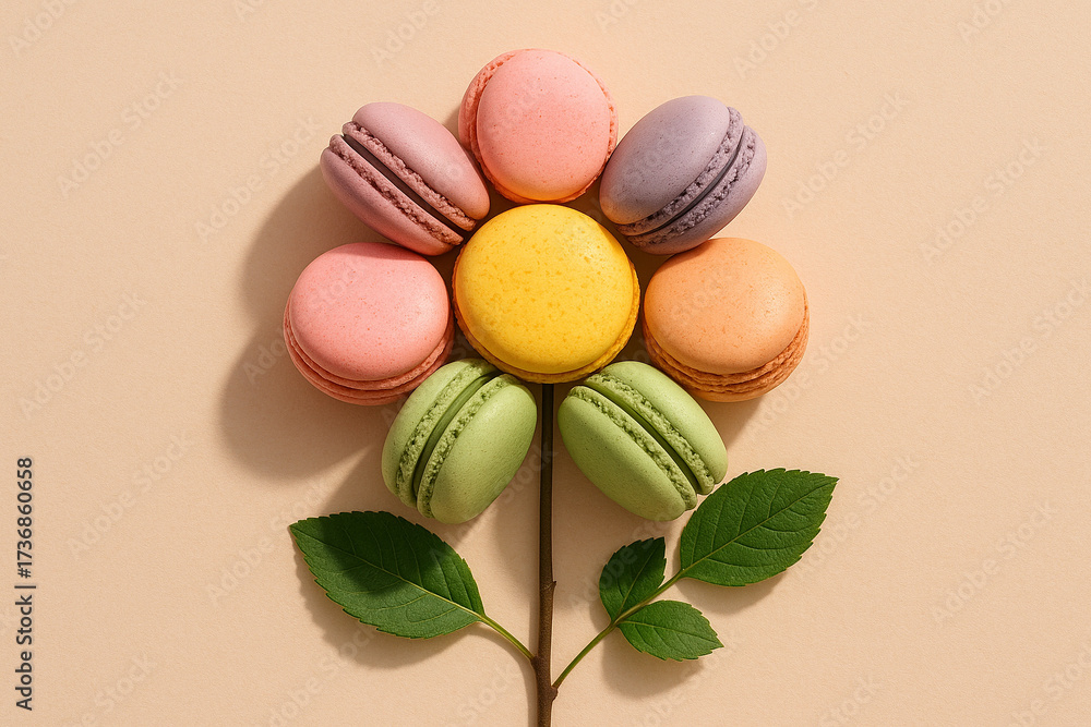 Fototapeta premium Colorful macarons arranged as flower with green leaves on pastel background