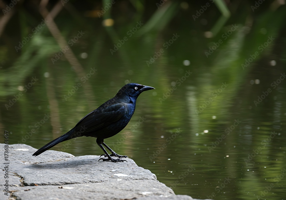 Fototapeta premium Common Grackle Perched on Stone Edge by Green Water. Generative Ai