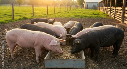 Domestic pink pig on farm, symbol of livestock and agriculture, perfect for farming, rural life, food industry, and animal husbandry themes.