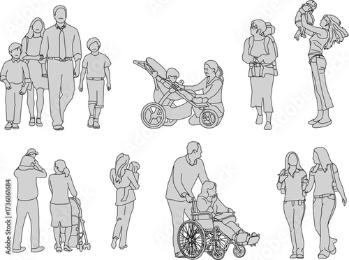 vector sketch illustration silhouette design image of a happy family playing with their children