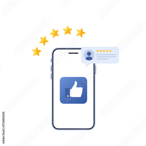 smartphone with chat bubble and star rating, symbolizing mobile app feedback, reviews, and customer evaluation.