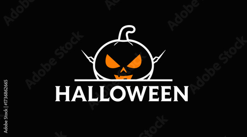 Halloween logo featuring a stylized pumpkin with glowing eyes and a menacing expression, above the word "HALLOWEEN.".