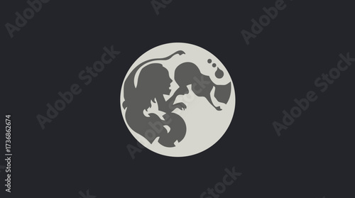 Stylized illustration of a lioness embracing a human baby within a circular shape, set against a dark background.