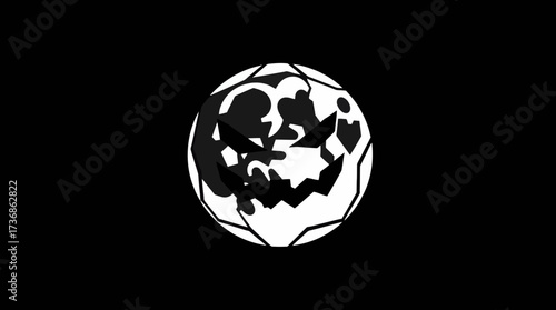 A stylized, abstract illustration of a grinning, spooky face, set against a black background.