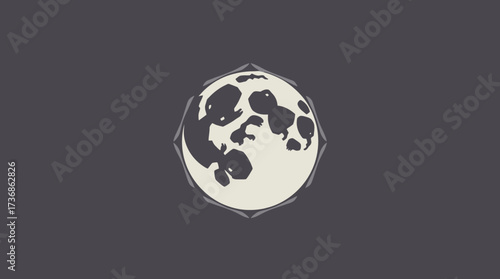 A stylized graphic illustration featuring a full moon with dark craters and a geometric border.