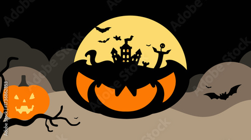 Halloween illustration featuring a pumpkin with a spooky castle silhouette against a full moon, with bats and another pumpkin nearby.