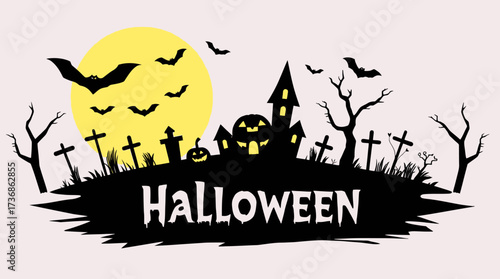 Halloween illustration featuring a haunted house, bats, a full moon, tombstones, and bare trees on a hill.