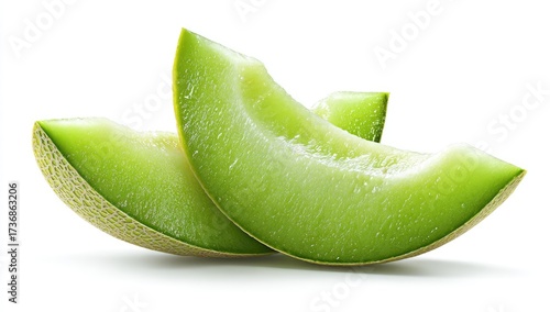 Two fresh, green melon slices, showing inner flesh and rind, on a white background