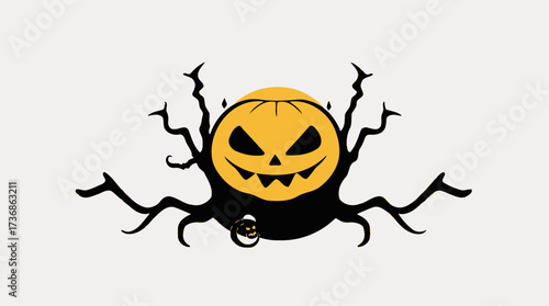Halloween themed illustration of a pumpkin with a spooky face and tree branch-like extensions on a white background.
