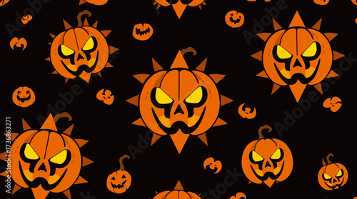 Seamless Halloween pattern with spiky jack-o'-lanterns on a black background, creating a festive and spooky design.