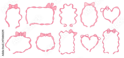 Vintage pink ribbon frames with bows set. Wavy whimsical heart, oval, circle, rectangle, romantic valentine frames, coquette vector design