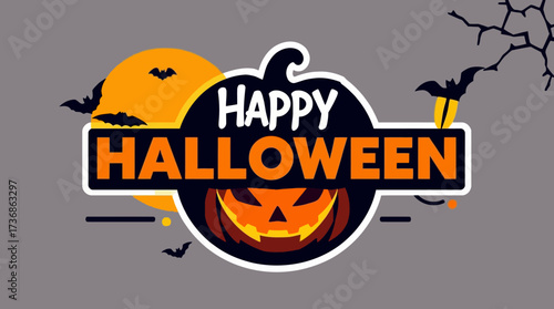 A "Happy Halloween" graphic with a pumpkin face, bats, moon, and tree branches on a gray background.