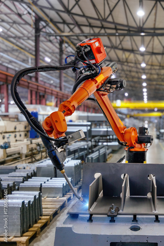 Industrial robot is welding metal part