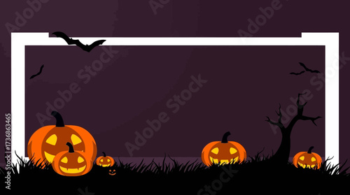 A spooky Halloween scene featuring grinning pumpkins, a bat, and a dark, silhouetted landscape.