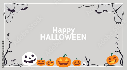 Festive Halloween-themed illustration featuring pumpkins, bats, and spooky smiling faces, with a greeting.