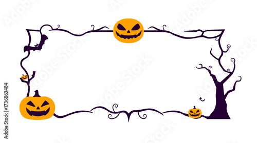Spooky Halloween-themed frame featuring pumpkins, bats, and a tree silhouette.