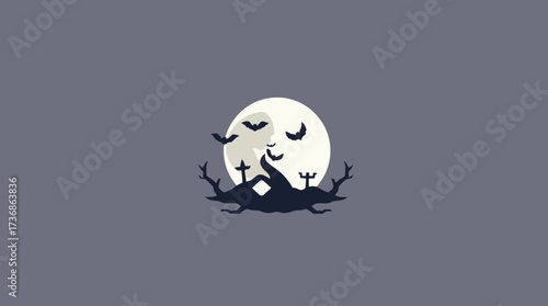 Spooky Halloween scene with bats flying around a graveyard silhouette against a full moon on a gray background.
