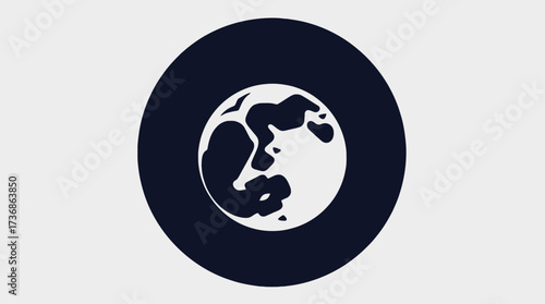 Graphic illustration of a moon with craters, set against a dark circle on a light background.